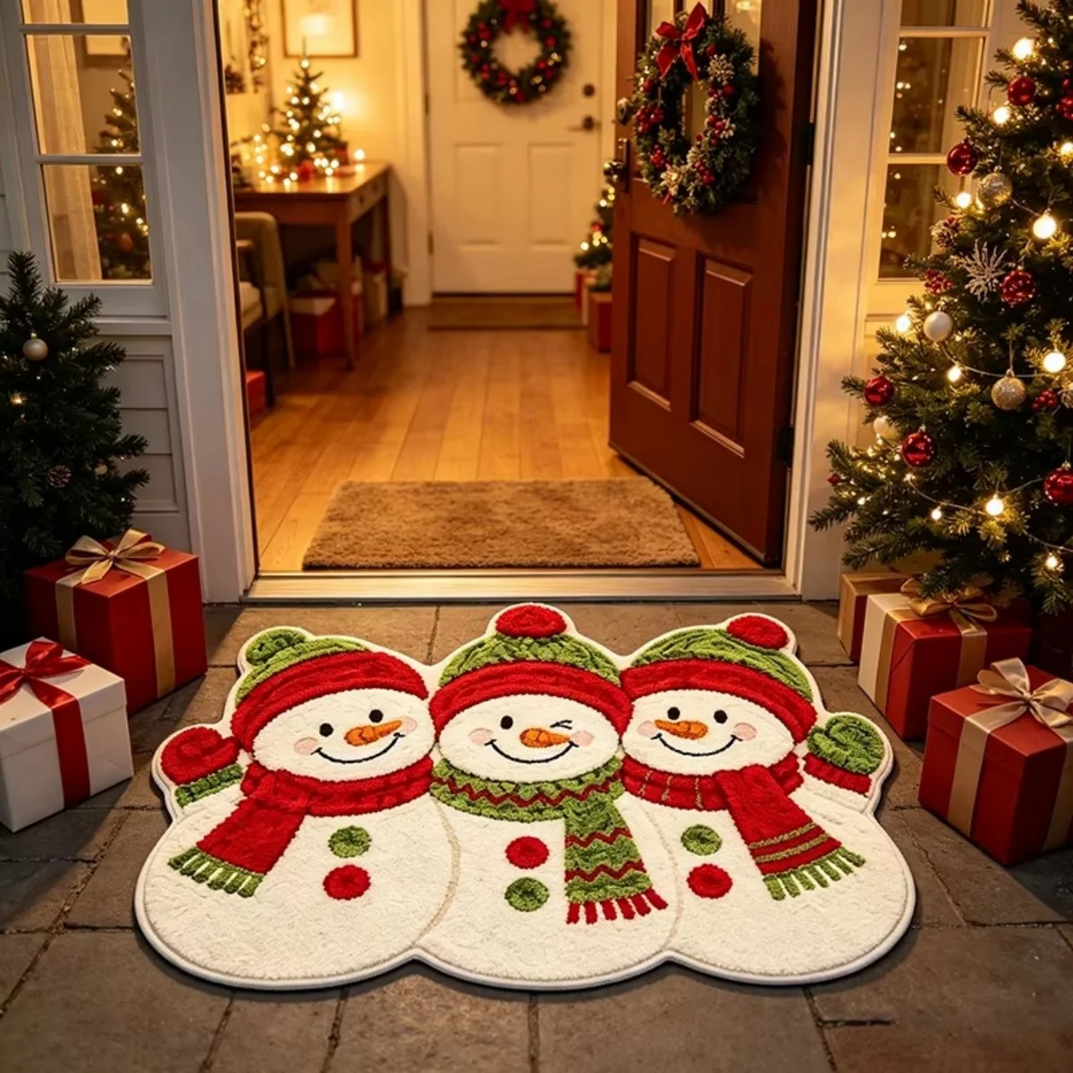 Triple Snowman Linked Rug Winter Holiday Floor Mat Festive Fireplace Accent For Living Room Ornament