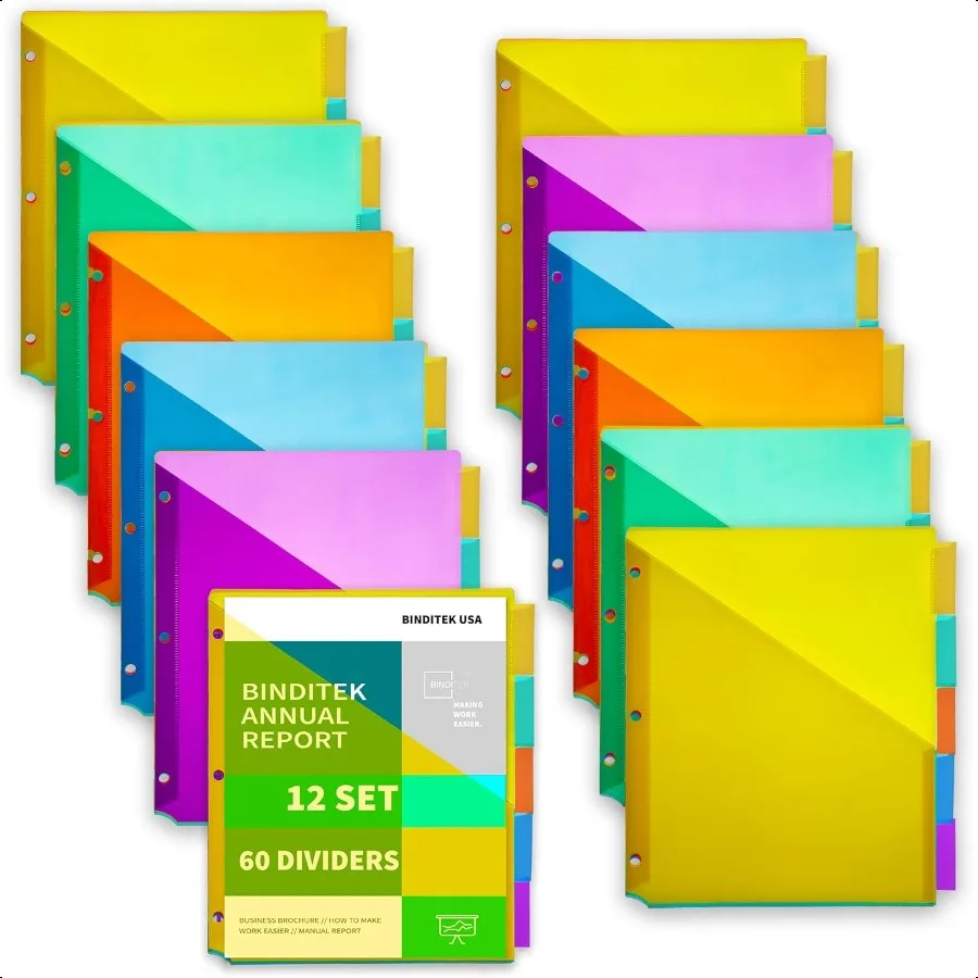

12 Set Plastic 5Tab Binder Dividers with Front Pocket Tab Insertable Poly Pocket Dividers for 3 Ring Binders Letter Size Multic