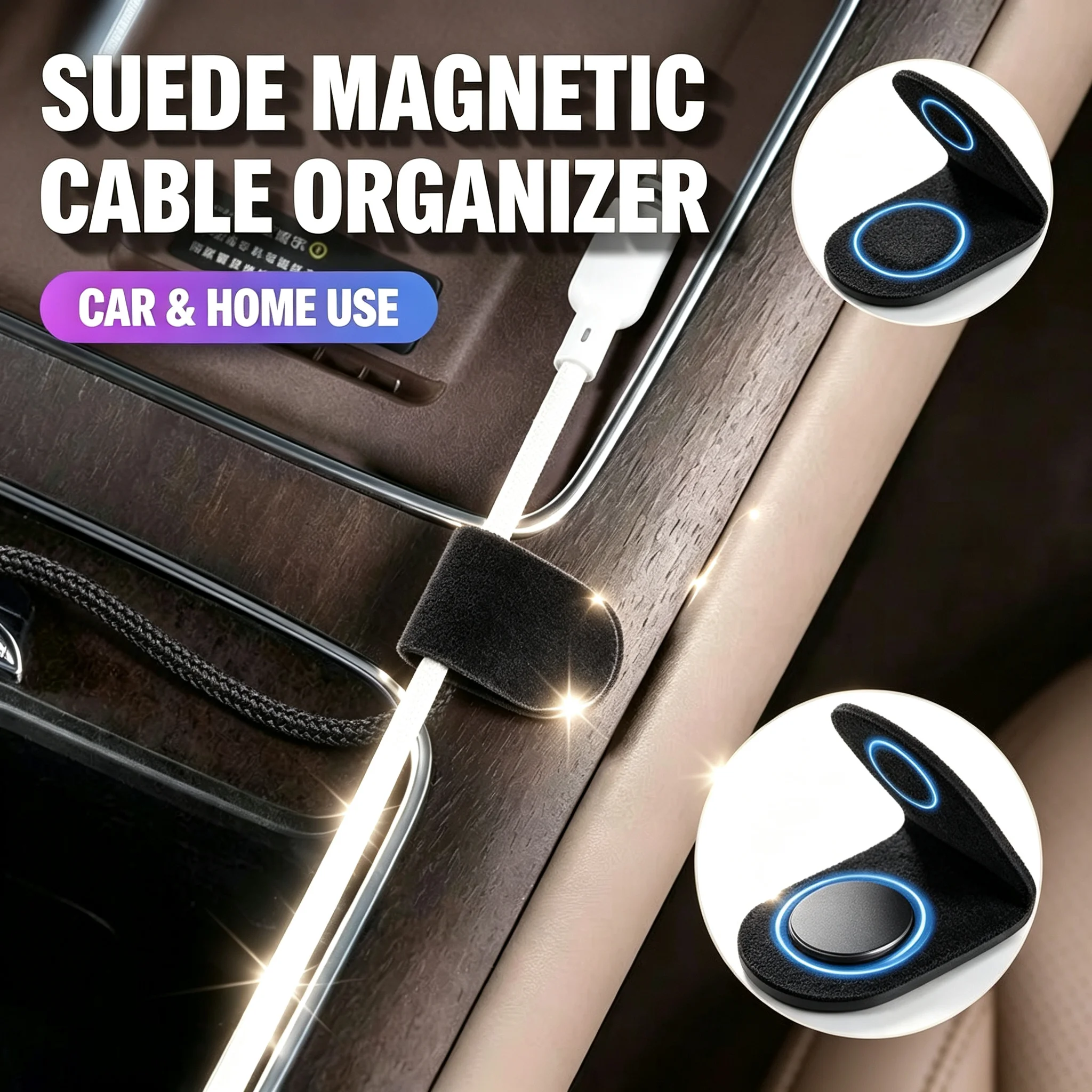 Suede Magnetic Paste-On Car Cable Organizer - Charging Cord Fixed Storage For Chrysler 300c Android Town Country Grand Voyager