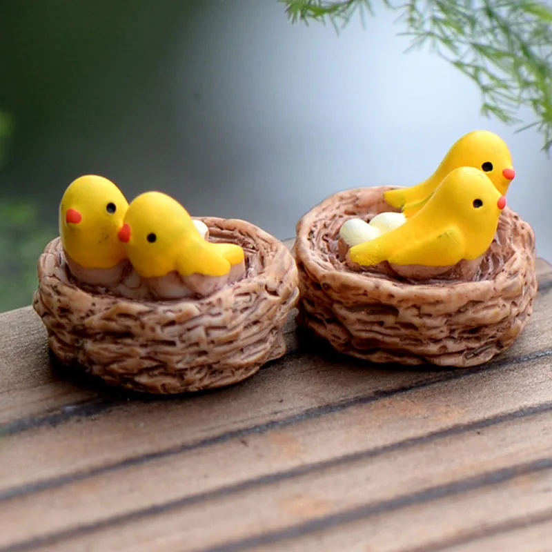 2PCS Bird with Nest Figures Miniature Stair Figurine for Mini Fairy Garden Micro Landscape Animal Statue Resin Craft