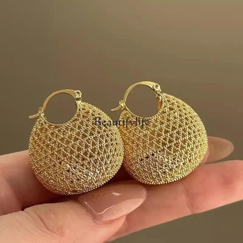 French hollow gold money bag earrings sterling silver light luxury high-end retro annual meeting earrings