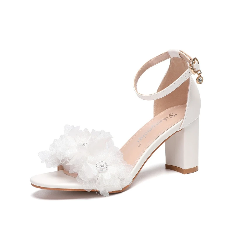 

New Woman Thick Rough High Heels Sweet Girls Party Prom Dance Shoes Fashion Summer Lace Flowers Pearls Ankle Strap Women Sandals