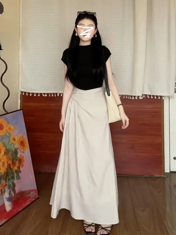 

Women's Slim Fit ort Sve T-irt And High Waist Skirt Set Spring 2025 Korean Sle Fre And Gentle Faion