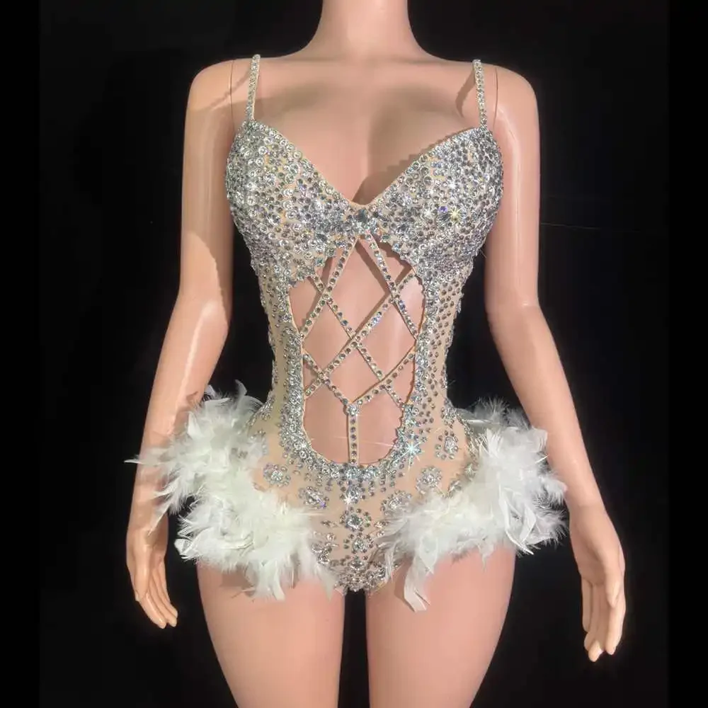 

Show girl Costume Party outfit Concert outfit party show costume EventSparkly Rhinestones Feathers Bodysuit for Women Sexy Hollo
