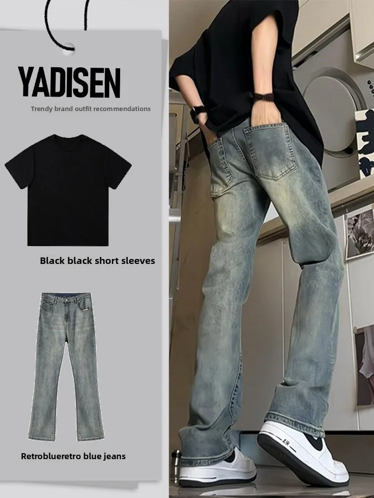 

Retro Blue Men's Jeans Summer American High Street Vibe Outfit Narrow Version Knife Micro Flare Pants Denim Cotton Blend
