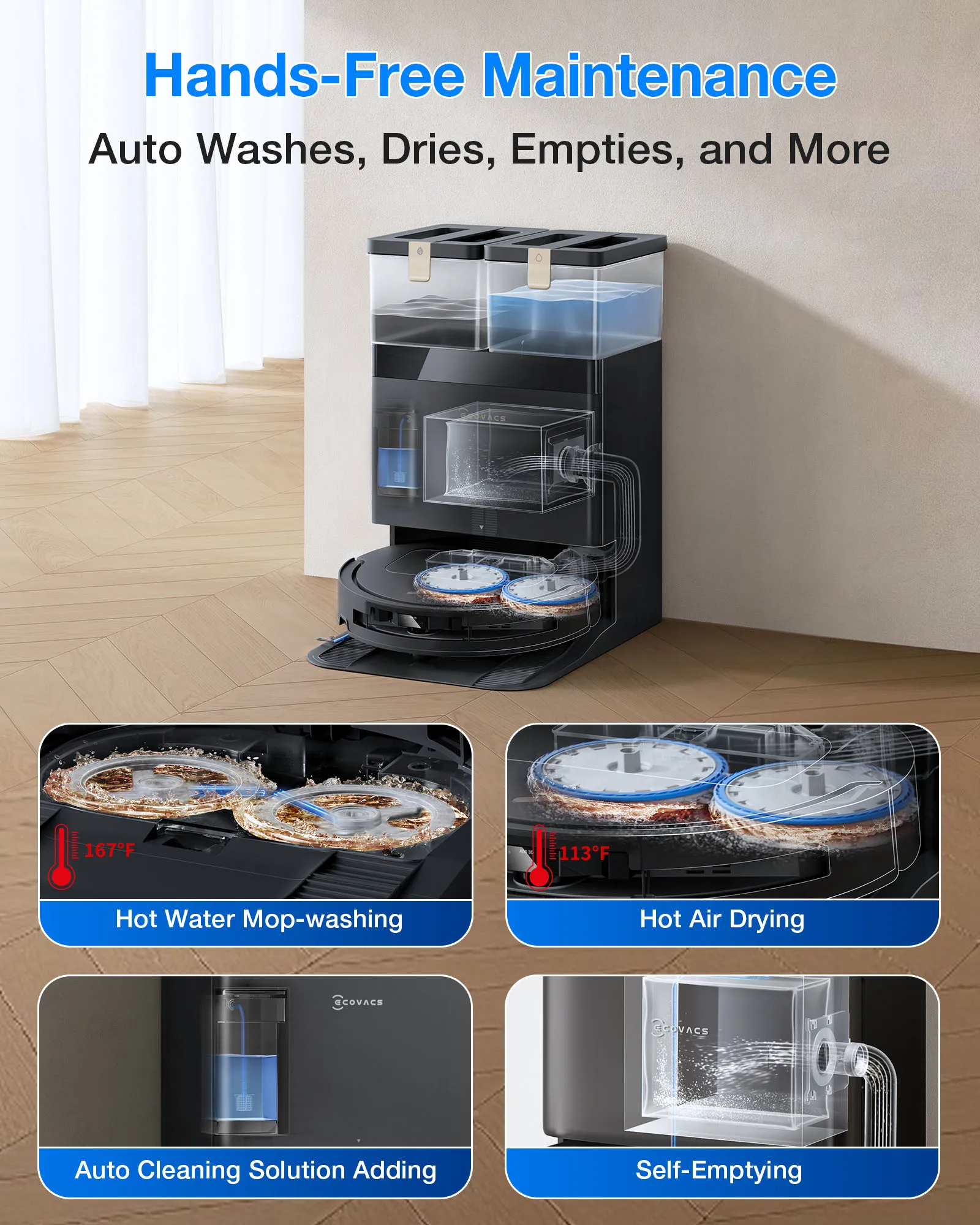 ECOVACS DEEBOT T50 PRO Omni Gen3 Care Kit, Robot Aspirador con Función de Mopa, 25,000 Pa, AIVI 3D 3.0, Adición Automática de Solución de Limpieza, Limpieza de la Mopa a 75°C ° Secado con Aire Caliente, Ultrafino, 81mm 5