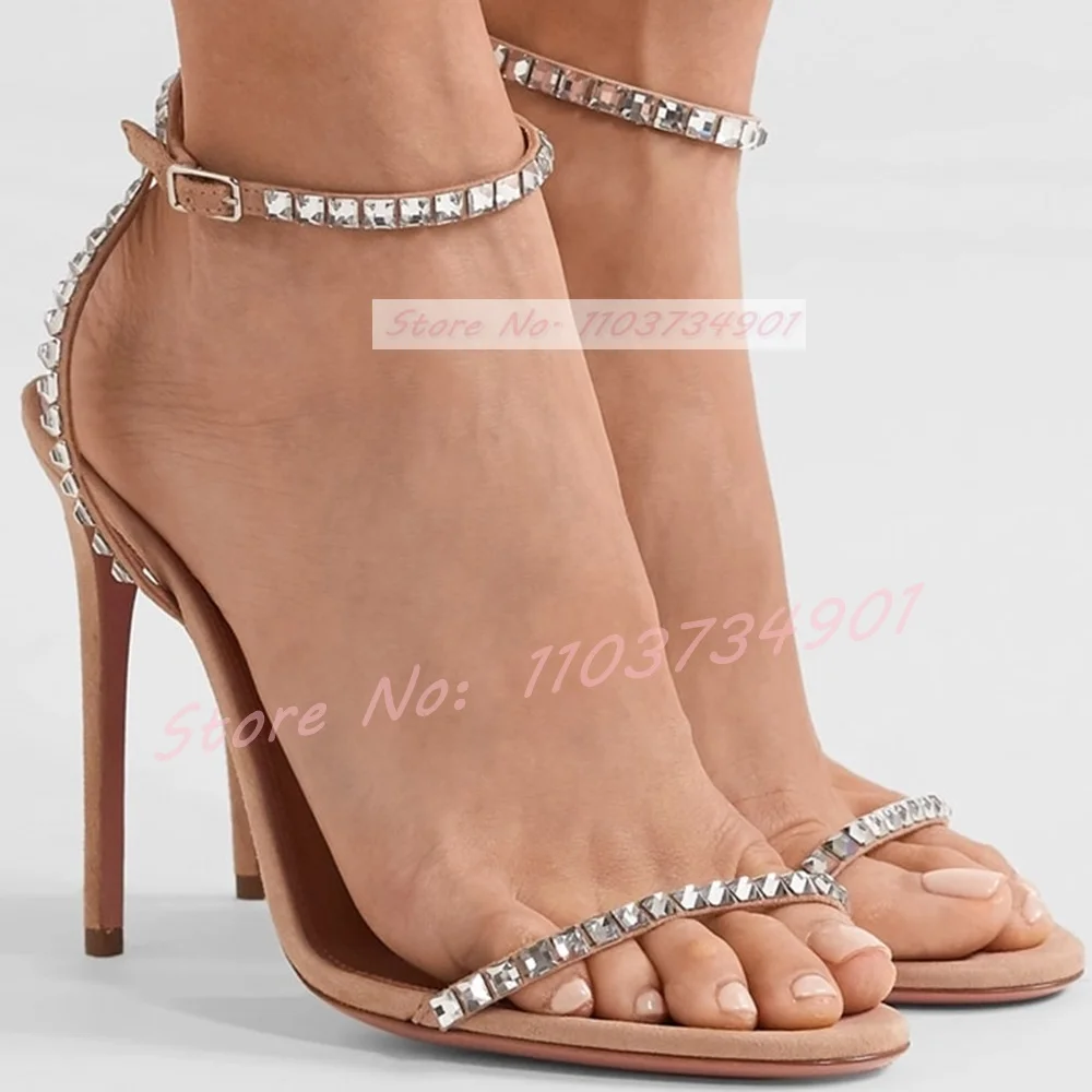 

Ankle Strap Crystals Stiletto Sandals Women Elegant Round Toe High Heels Shoes Ladies Luxury Sexy Party Solid Toe Strap Sandals