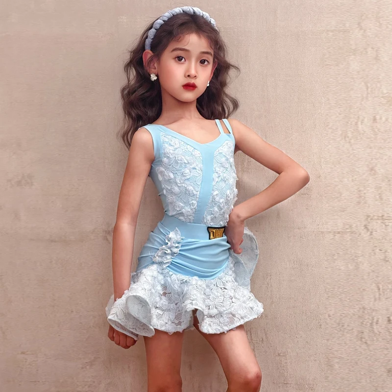 Vestidos de competição de dança de salão infantil, vestido azul de dança latina para meninas, roupa de dança para performance de salsa chacha sl12600