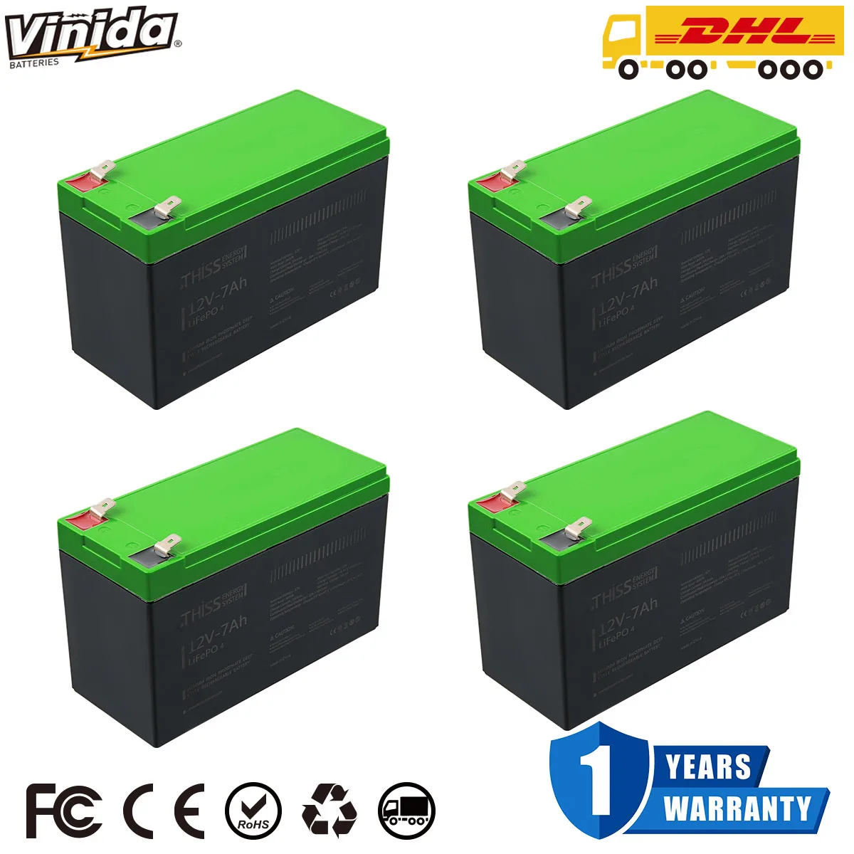 VINIDA 1/2/4Pack 12V 7Ah Lithium Ion LiFePO4 Deep Cycle Battery 2000+ Cycles Rechargeable Battery for Solar/Wind Power, Scoote