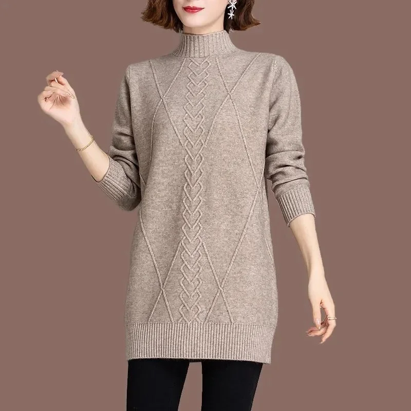 Mid Long Women\'s Half High Neck Sweater Pullover New Autumn Winter Warm Solid Knitted Sweater Jumper Female Tops Bottoming Shirt