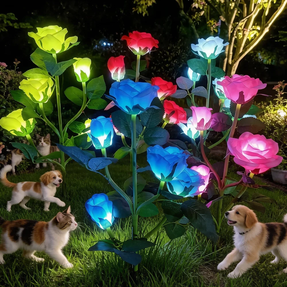 Garden Yard Lawn Night Lamp Solar 5 Head LED Simulation Rose Flower Light Landscape Wedding Party Holiday Home Decoration Flower