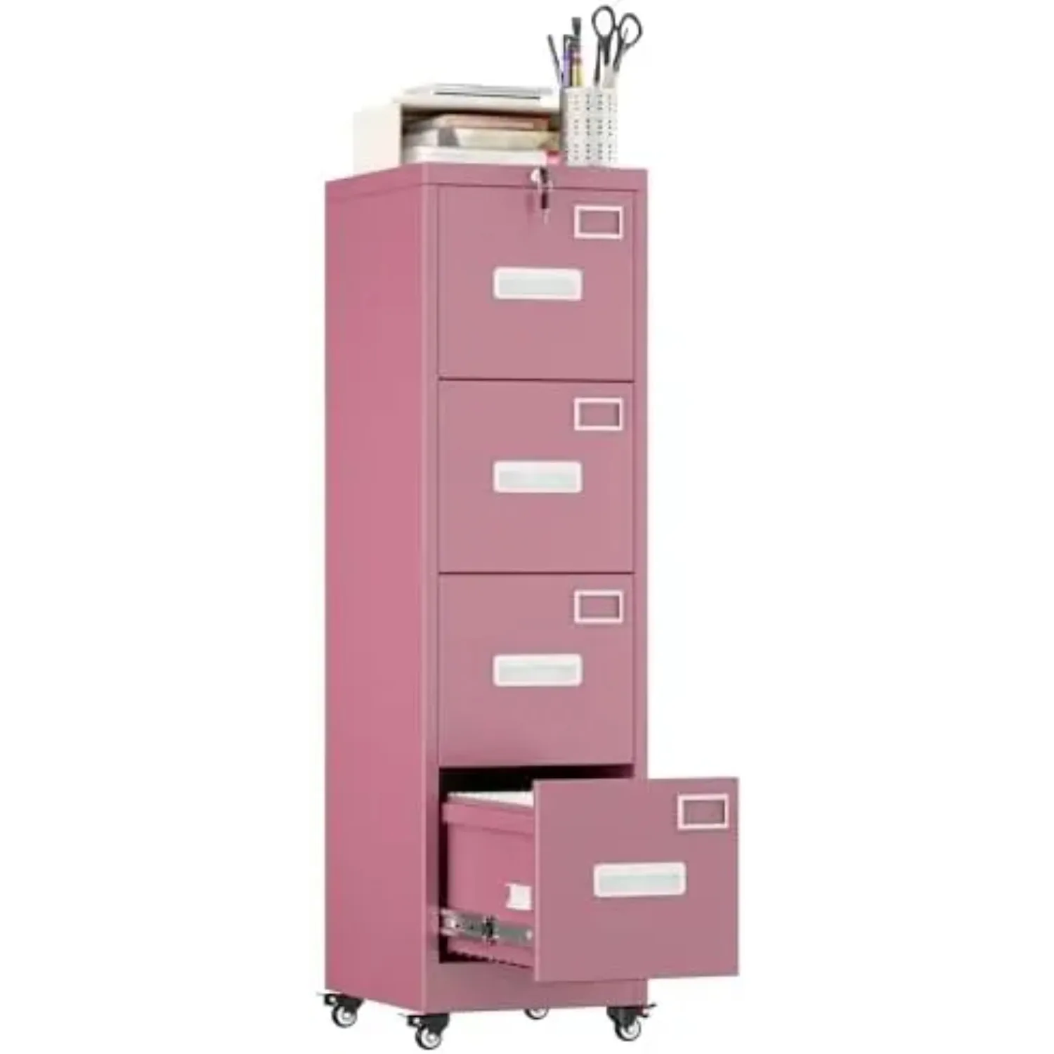 4 Drawer File Cabinet with Lock, Metal Vertical Filing Cabinet with Wheels, Anti-Tilt Interlock System, Locking Office