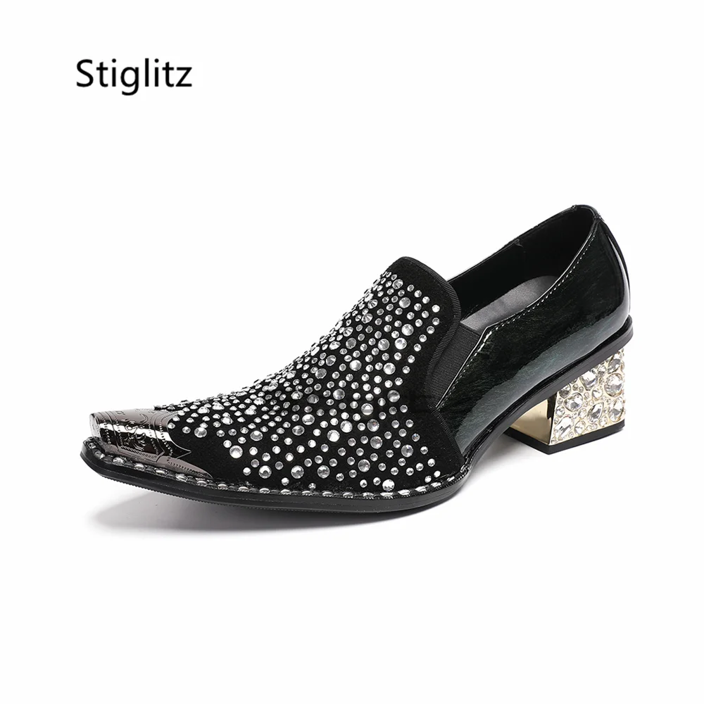 Men's Full Rhinestone Business Dress Shoes Metal Pointed Toe Diamond High Heels Slip On Luxury Fashion Party Prom Wedding Shoes