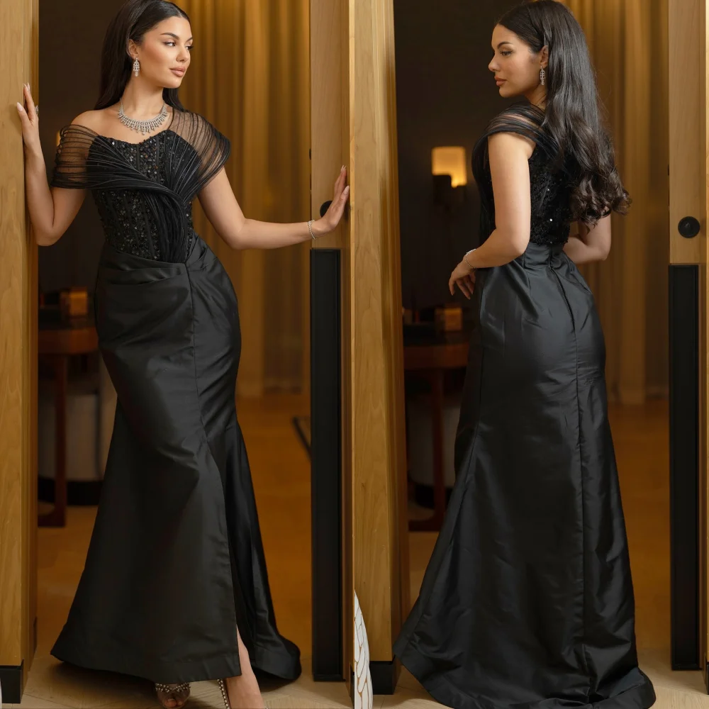 

Вечернее платье высокого качества с блестящими складками по индивидуальному заказу, черные длинные платья русалки с открытыми плечами, элегантная вечеринка на заказ