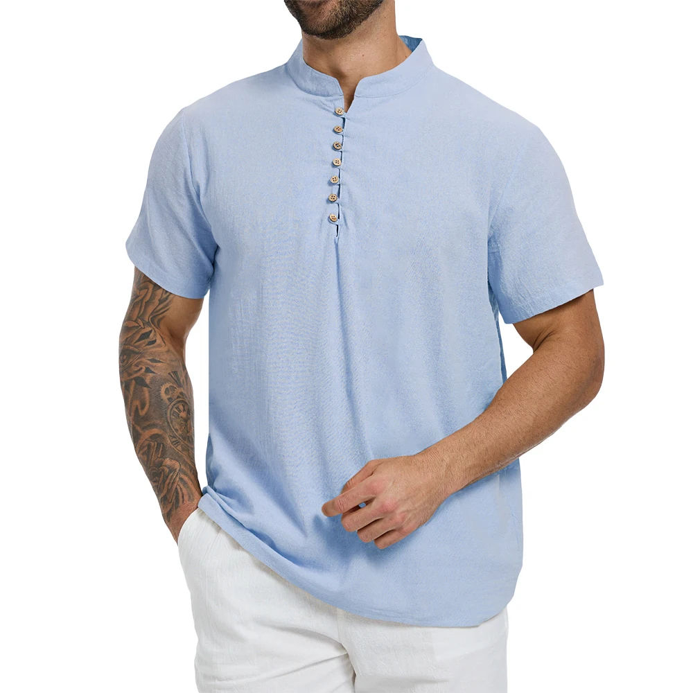 Sommer-Herren-T-Shirt, einfarbig, halb geknöpft, Henley-Ausschnitt, lässige Kurzarm-Oberteile, Baumwolle, Leinen, bequem, leicht, klassische T-Shirts – Detail 7