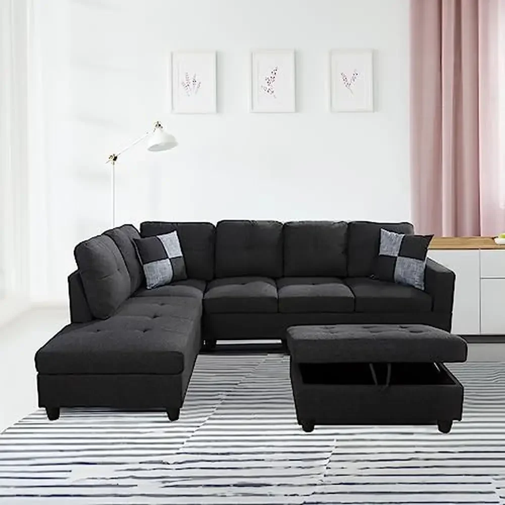 Modern L-Shape Sectional Sofa Set Black Grey Easy Install Supportive High Quality Foam