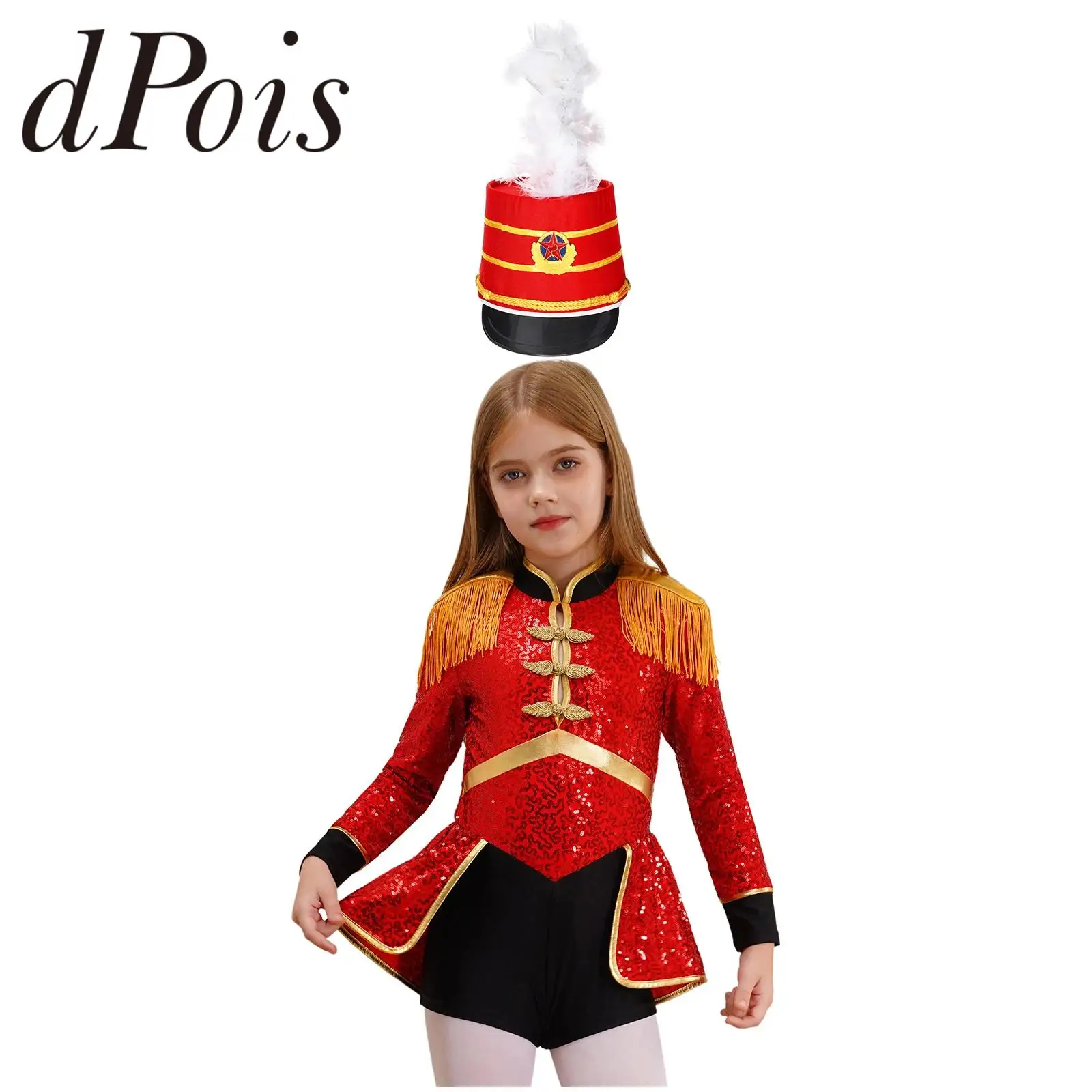 

Детский костюм Майстра шоумена с кольцом для девочек, комбинезон с блестками, цирковой барабанщик, волшебник, униформа, наряд для косплея на Хэллоуин