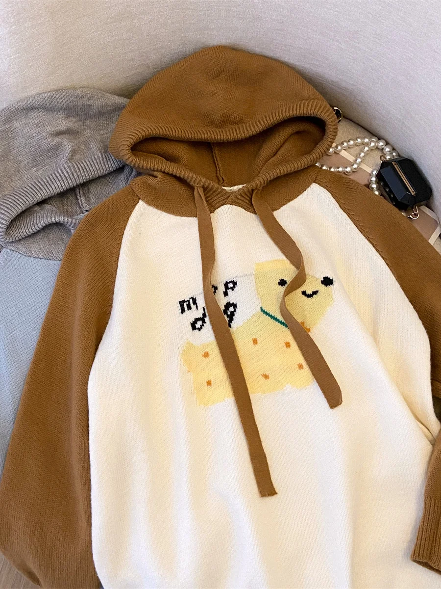 ゆったりフィット漫画犬柄パーカー スウェットシャツ ブルー色 ブルー 秋冬アウター 韓国風 ゆったりトップス レディースニットウェア