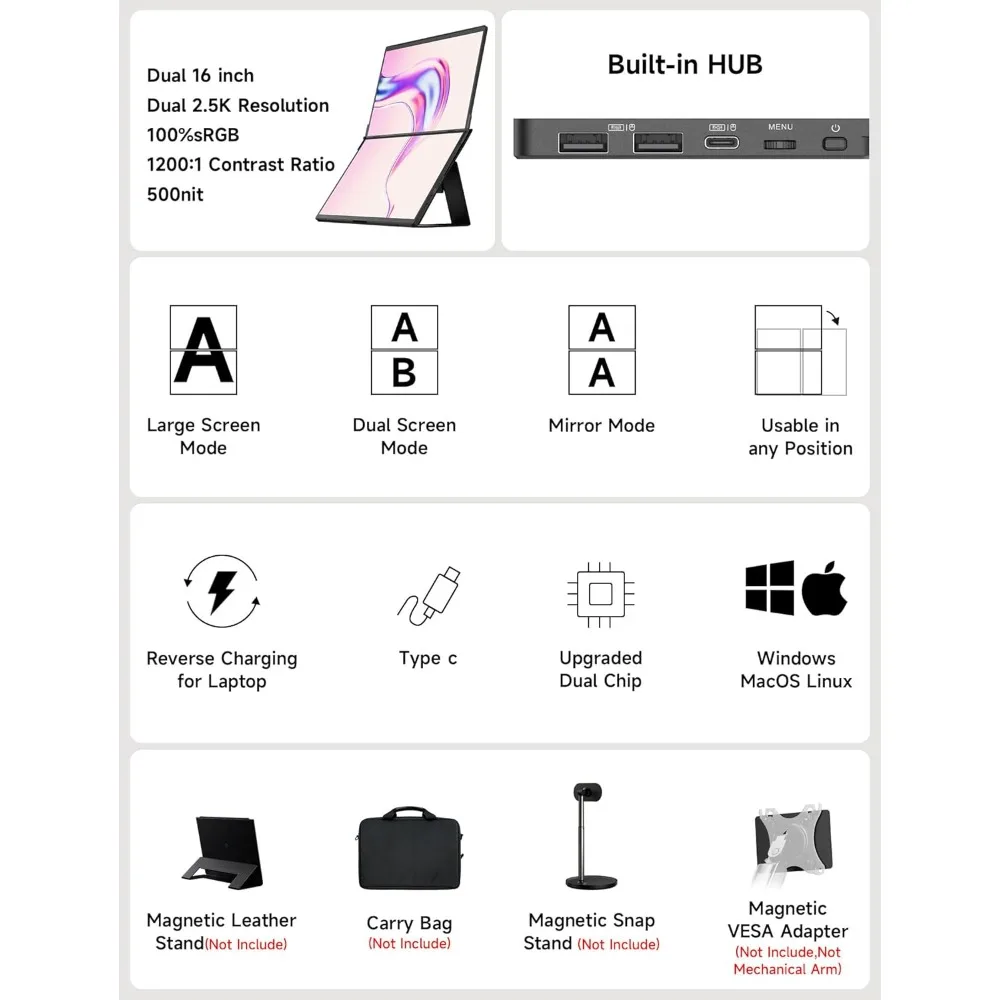 FlipGo Pro 16" Dual tragbare Monitore, 2,5K Triple Laptop Screen Extender, tragbarer IPS Dual-Screen-Monitor
