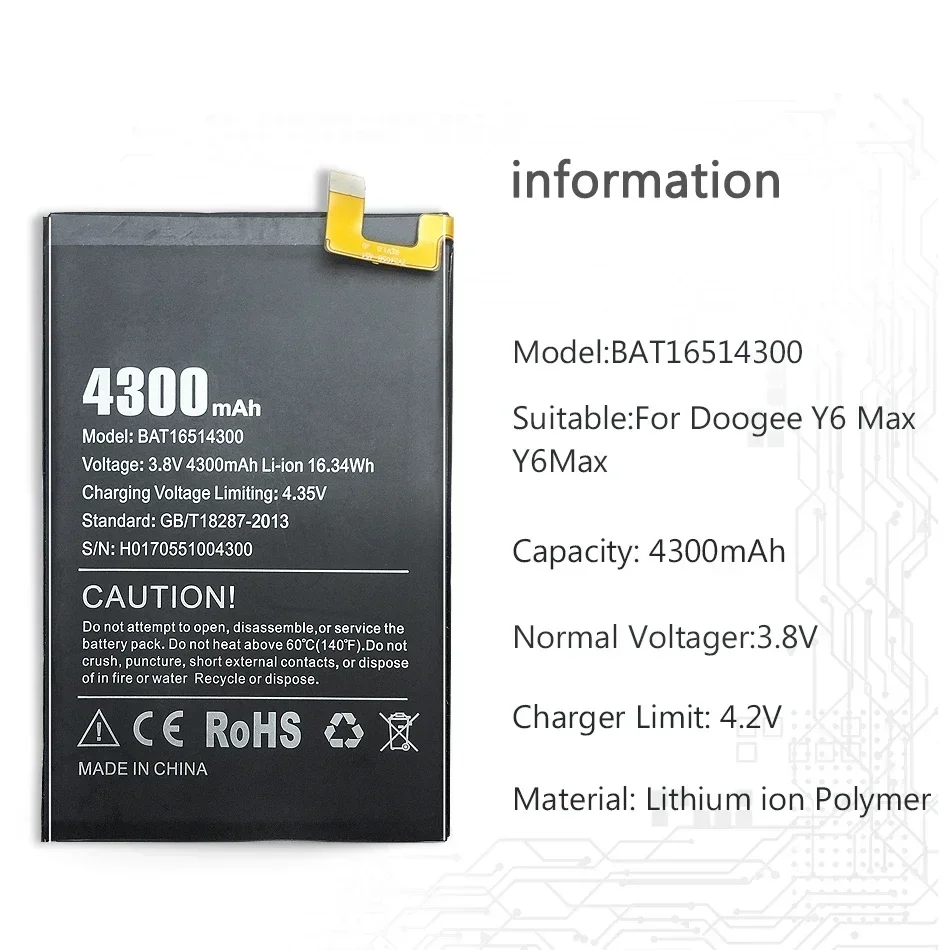 BAT16514300 Mobile Phone Replacement Battery for Doogee Y6 Max Y6Max 4300mAh Portable Batteries Warranty + Track NO