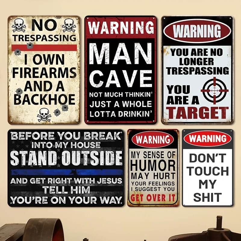【2D Flat】6pcs Retro Humorous Caution Signs, Vintage Metal Wall Art for Home, Office, Pub, Man Cave, Garage Decor, 12X8 Inches, Amusing Gift for Men