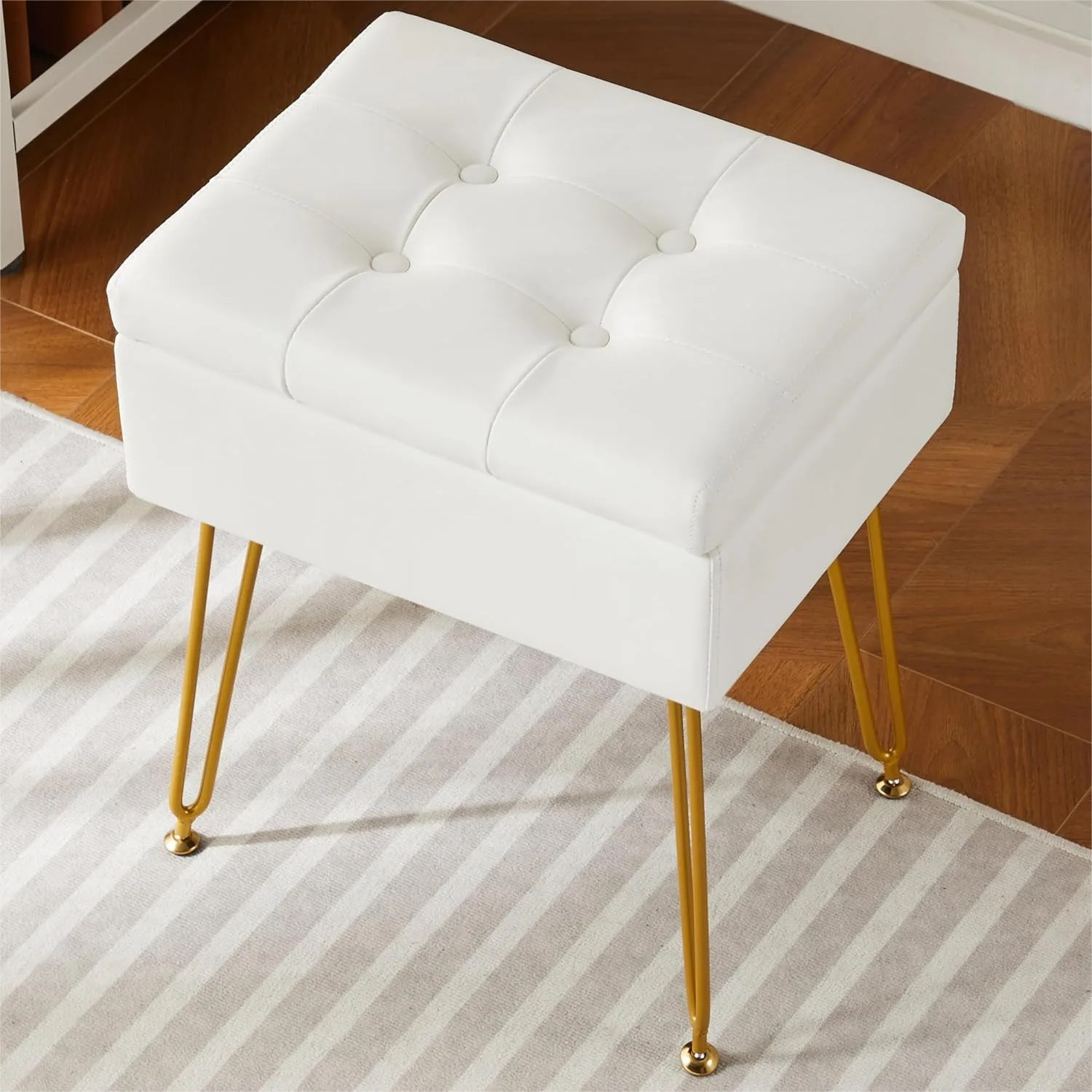 Vanity Stool with Storage, Small Storage Ottoman for Bathroom Bedroom, White Faux Leather Makeup Chair, Easy Clean