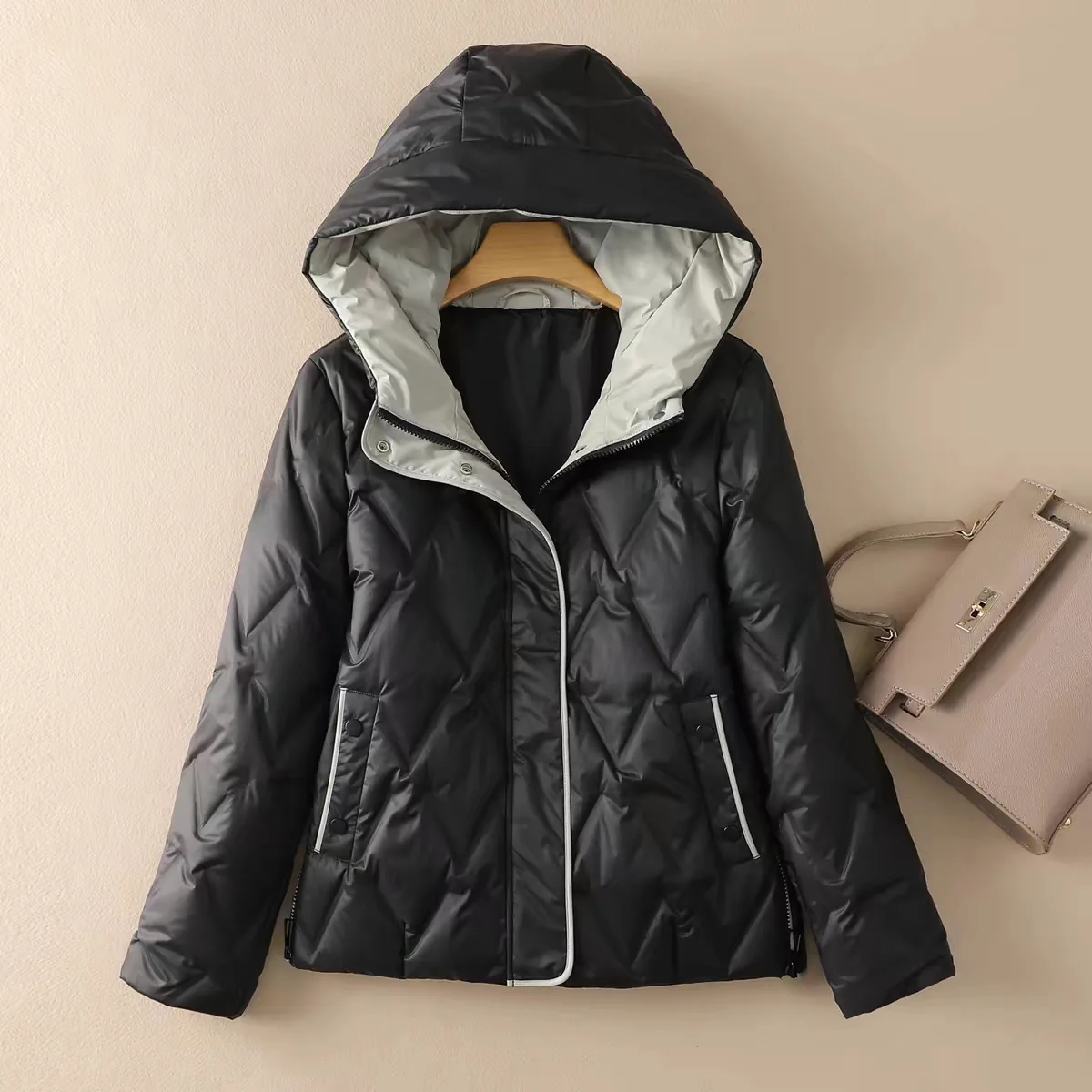Winter White Duck Down Waterproof Outwears Women Diamond Grid Splicing Hooded Down Jacket Female Thick Warm Zipper Parker Jacket