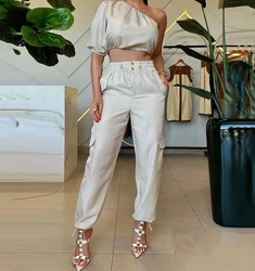 Leisure Women's Pants Set Summer Solid Color Fashion Shoulder Leakage Short Sleeve Drawstring Top Workwear Pants Two Piece Set