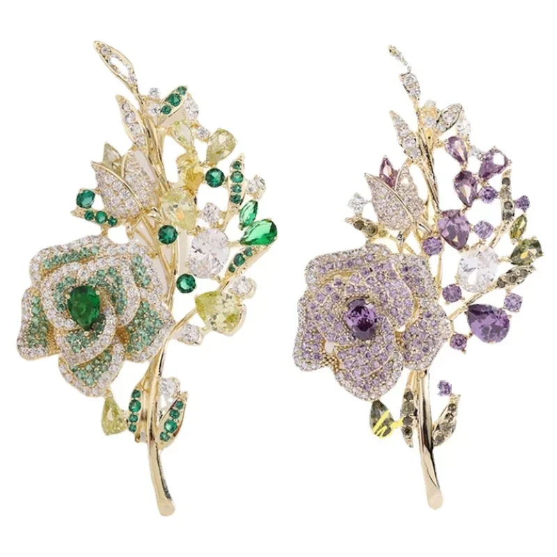 Fashion Rose Inlaid Colorful Rhinestones Zircon Temperament Flower Brooch Lady Suit Jacket Shirt Pin Jewelry Banquet Dress Gift