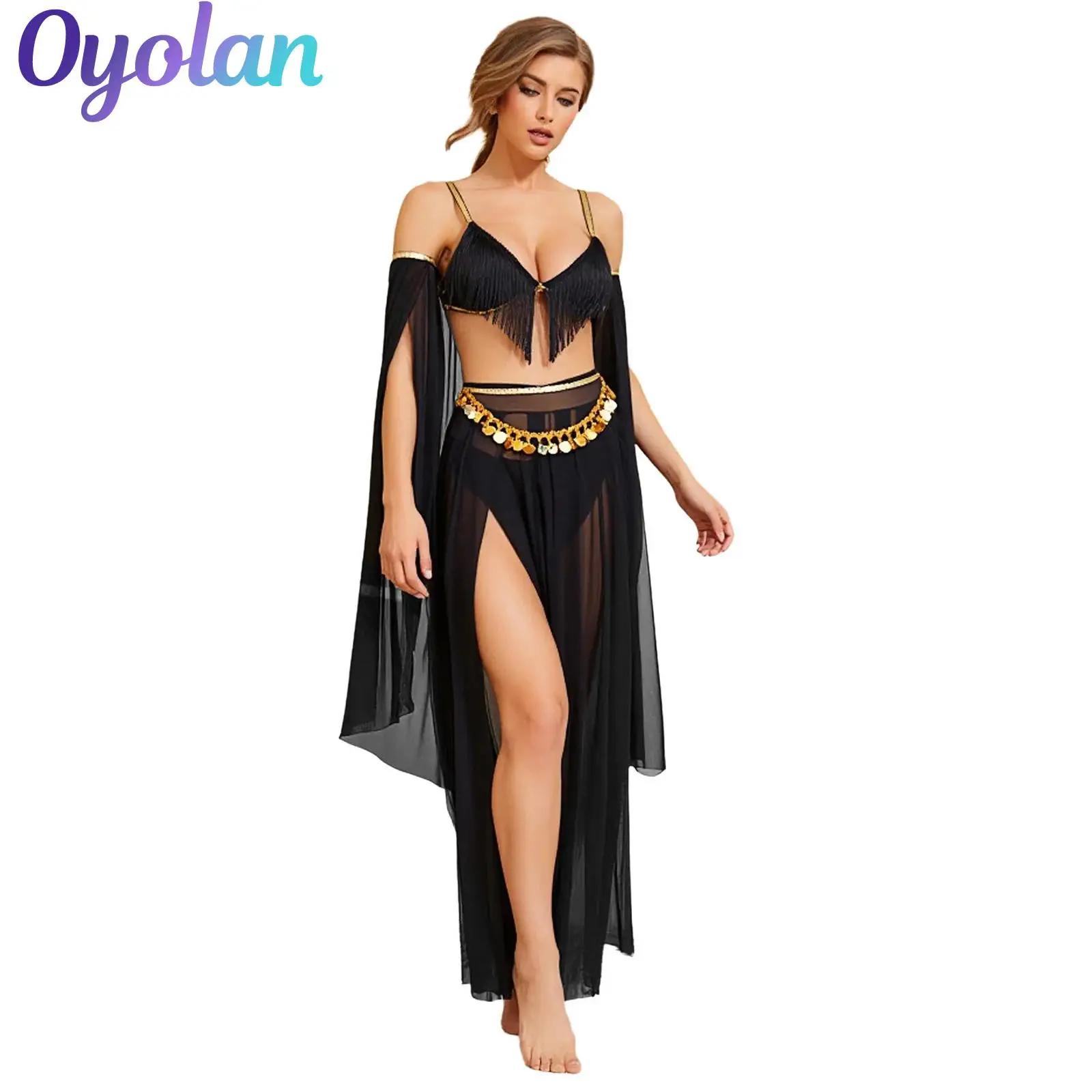 

Womens Dunhuang India Folk Belly Dance Outfits Costume Fringe Bra Top Panties High Slit Mesh Skirt And Sequin Tassel Waist Chain