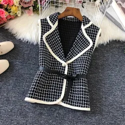 Vintage Plaid Tweed Cropped Vest Jacket Women Elegant Turndown Collar Pearl Button Waistcoat Casual Belt Sleeveless Outwear C235