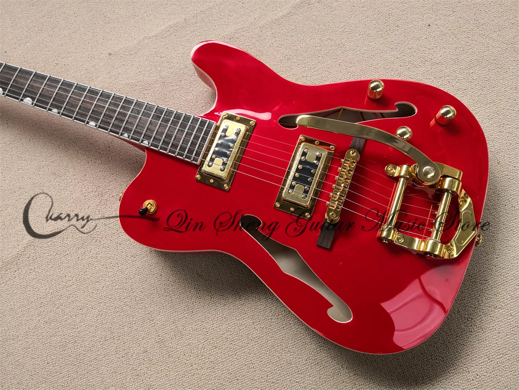 Red Electric Guitar, Tel Guitar, Hollow Guitar, Golden Tremolo Rocker, Fixed Bridge,Rosewood Fingerboard