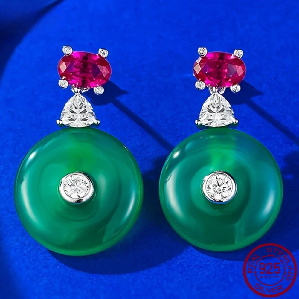 Yaranyan  Vintage 100% 925 Sterling Silver Lab Ruby Sapphire Natural Green Jade Gemstone Drop Earrings for Women Party Jewelry
