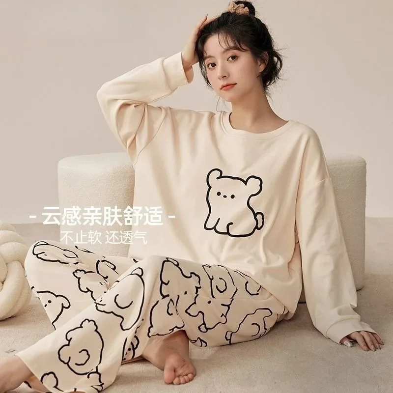 Spring and Autumn new women's pajamas set cute puppy print with cushion cotton long-sleeved long pants sleepwear casual homewear