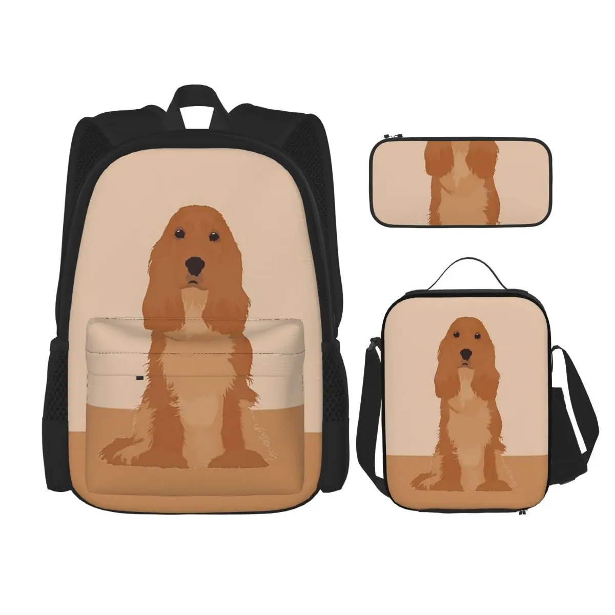 

English Cocker Spaniel Dog Illustration Backpacks Boys Girls Bookbag School Bags Kids Rucksack Lunch Bag Pen Bag Three-Piece Set