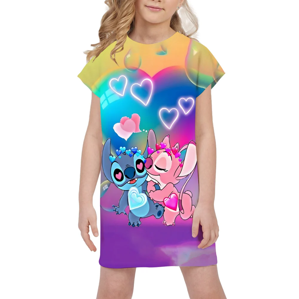 Summer Girl Disney Stitch Dress Pink Heart Casual Clothing Child Girls Princess Dresses Kids\' Birthday Gifts Soft Holiday Wear