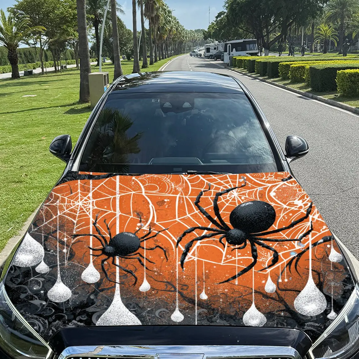 

Orange - Black Spider Web and Spider Car Vinyl Wrap, PVC Material Waterproof Car Hood Sticker, Self-Adhesive Scratch-Resistant S