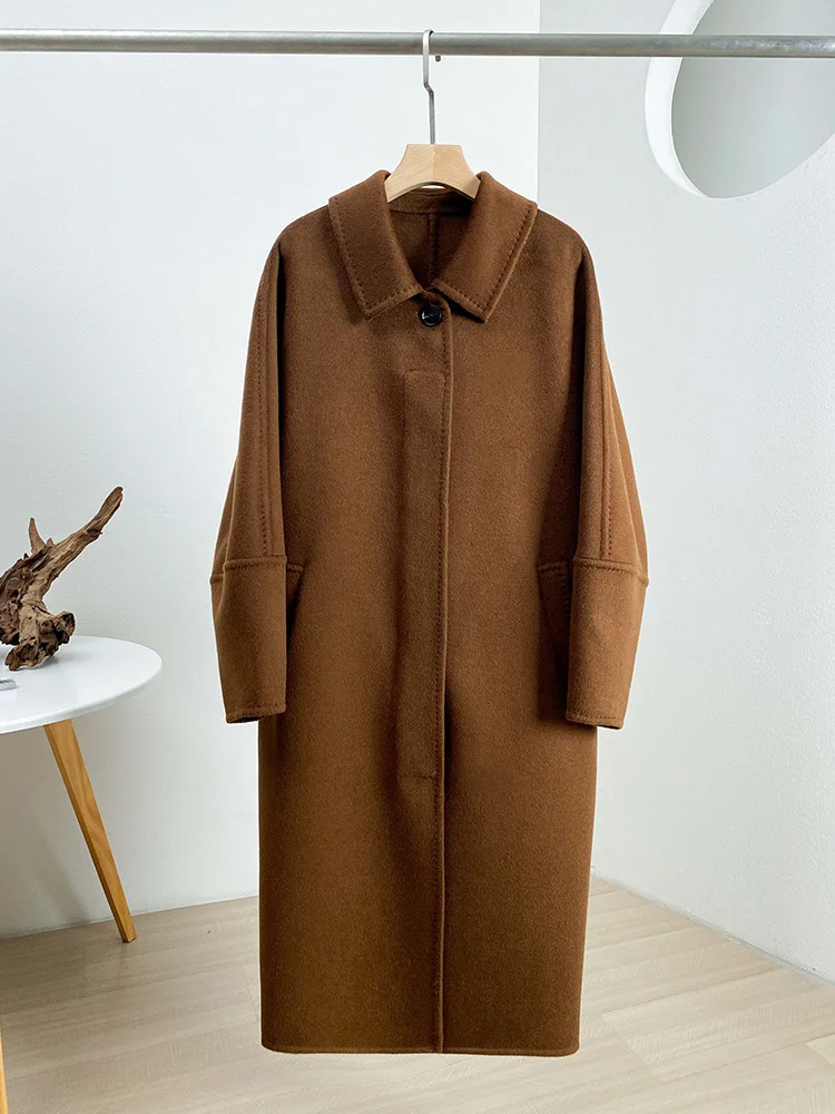 Simple New Tick Camel Wool Cocoon Coat Women New Autumn Winter Warm Loose Turn-down Collar Single Breasted Woolen Coats Long