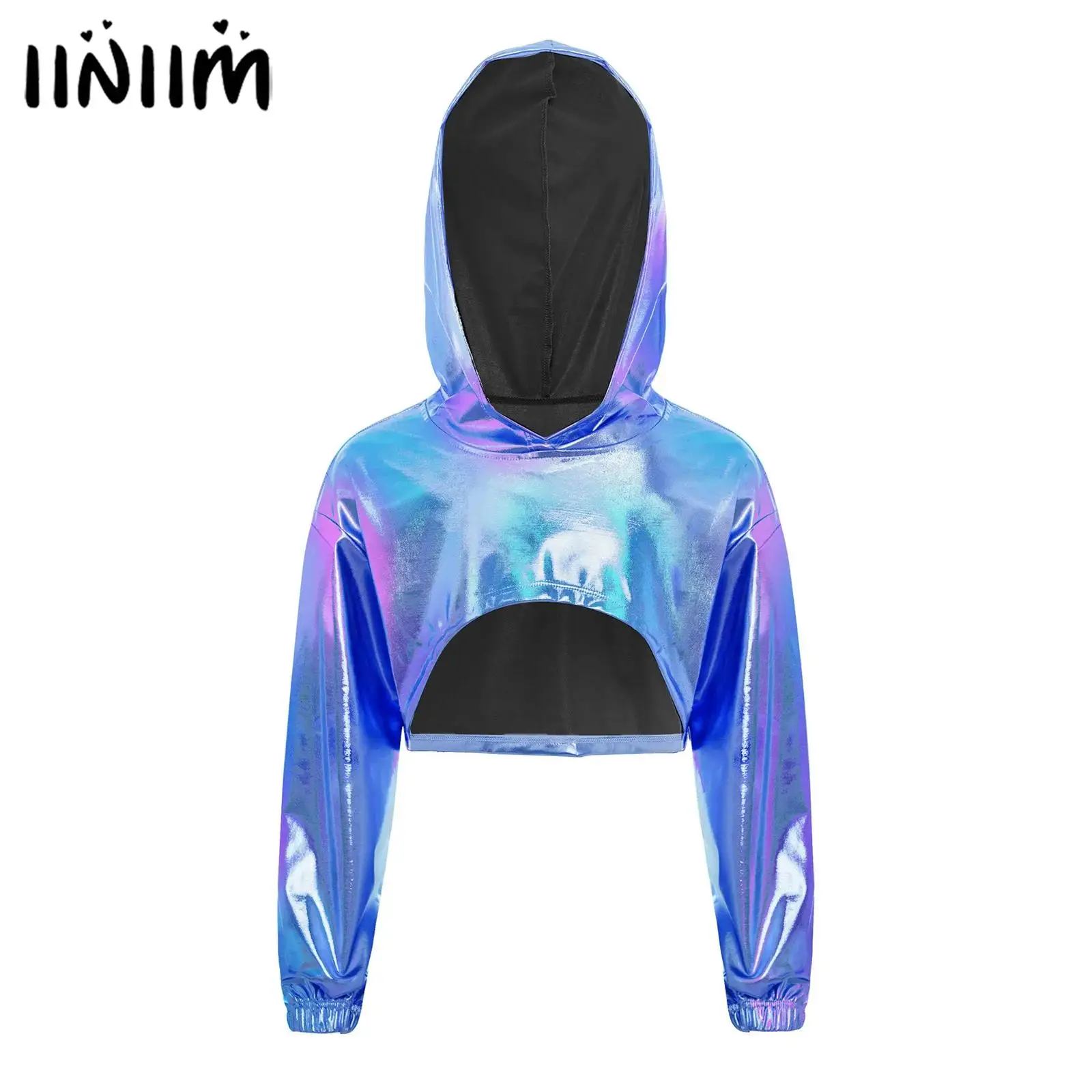 

Детский танцевальный костюм для девочек: укороченный худи с длинными рукавами, асимметричным подолом и металлическим эффектом для хип-хопа и джаза