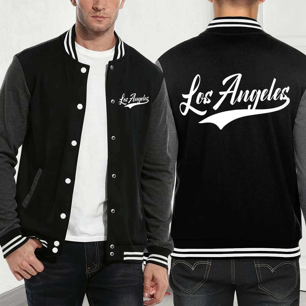 

Los Angeles Letter Printing Jackets Mens Autumn Fleece Warm Baseball Jersey Basics Pocket Loose Coats Casual Sporty Male Clothes