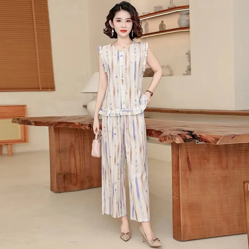 Women Summer Soft Cotton 2 Piece Outfit Sleeveless Ruffle Top Wide Leg Printed Pants Set