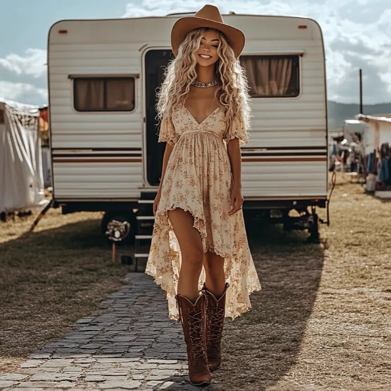 2026 New Women Print Short Sleeves Dress Streetwear Deep V Neck Ruffle Asymmetrical Western Cowgirl Vacation Beach Midi Dresses