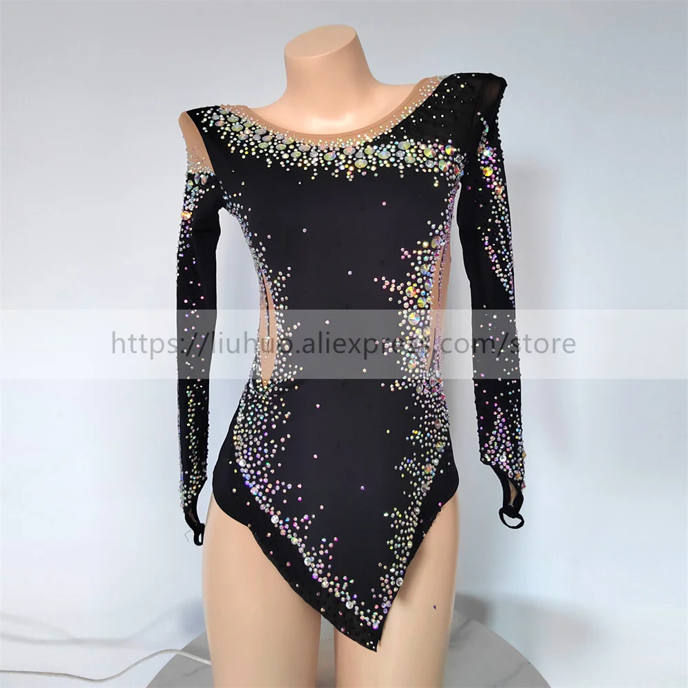 

LIUHUO Customize Women Girl Costume Performance Rhythmic Gymnastics Children Leotards Competition Teens Skating Dress Black Kid