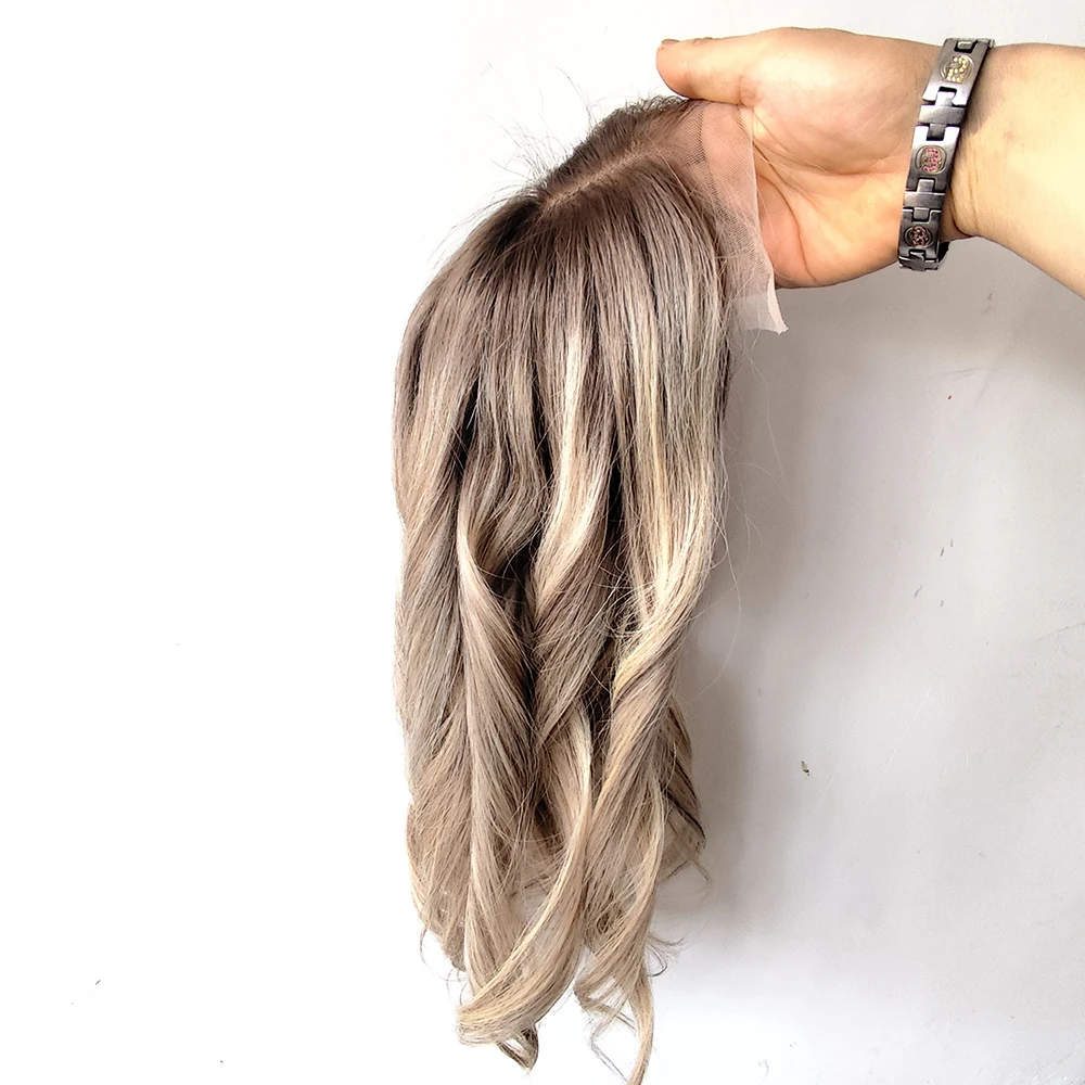 6x7 Lace Human Hair Topper Dark Rooted Blonde Wavy Topper with Clips, Breathable Lace Base Hairpiece for Hair Loss Thinning Hair