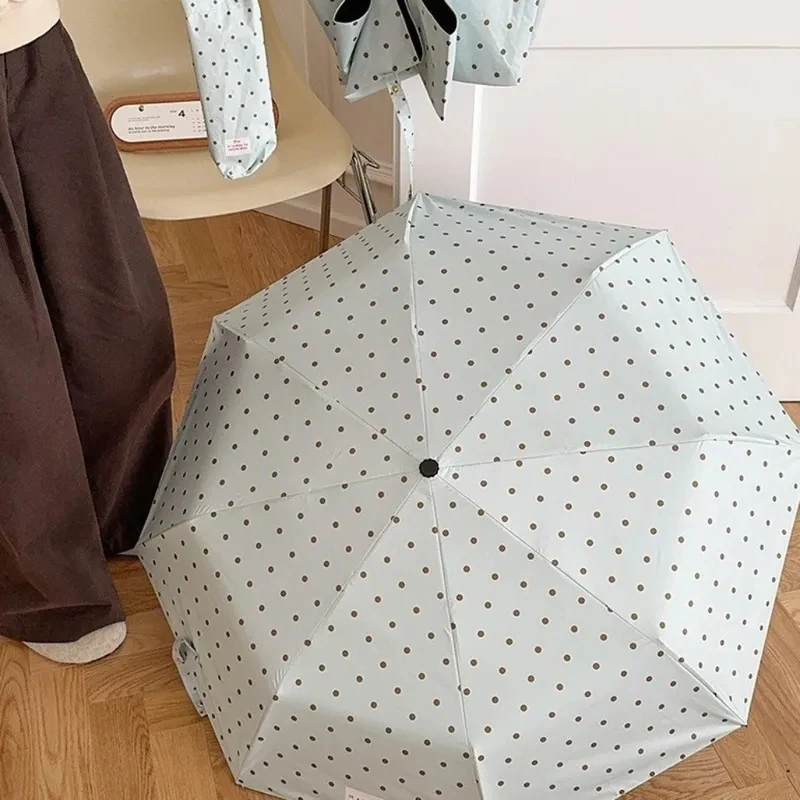 Summer Polka Dot Folding Umbrella 8 Ribs Windproof U Shape Handle Lightweight Manual UV Sunshade Rainproof Dual Use - view 2