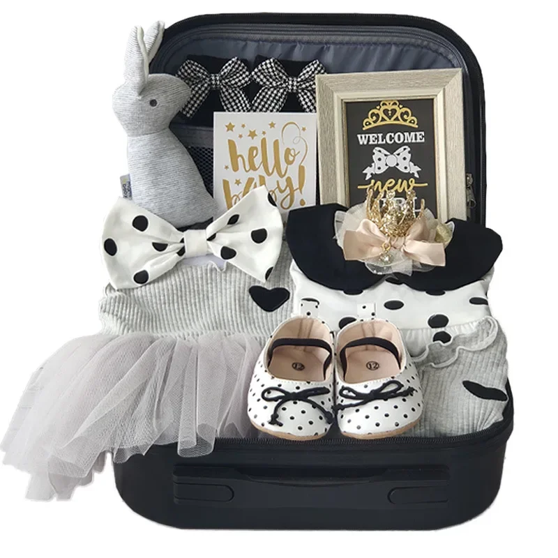 Baby high-end gift box, little princess black and gold dress, polka dot set, pure cotton full moon 100 days baby girl gifts