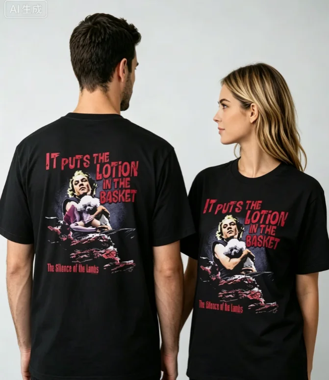 2026 new Neutral style black round-neck T-shirt with vintage portrait pattern and red worn-out letter art print for streetwear