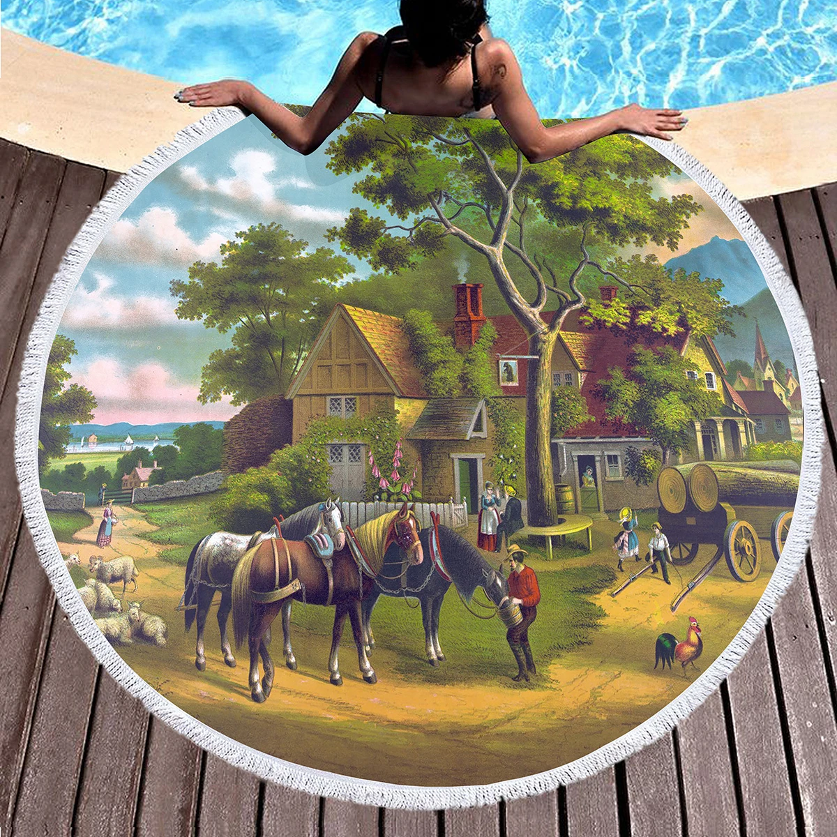 Round Beach Towel,English Country Town Polyester Sand Resistant Shawl Beach Blanket,Absorbent Quick Dry Pool Towel Picnic Mat
