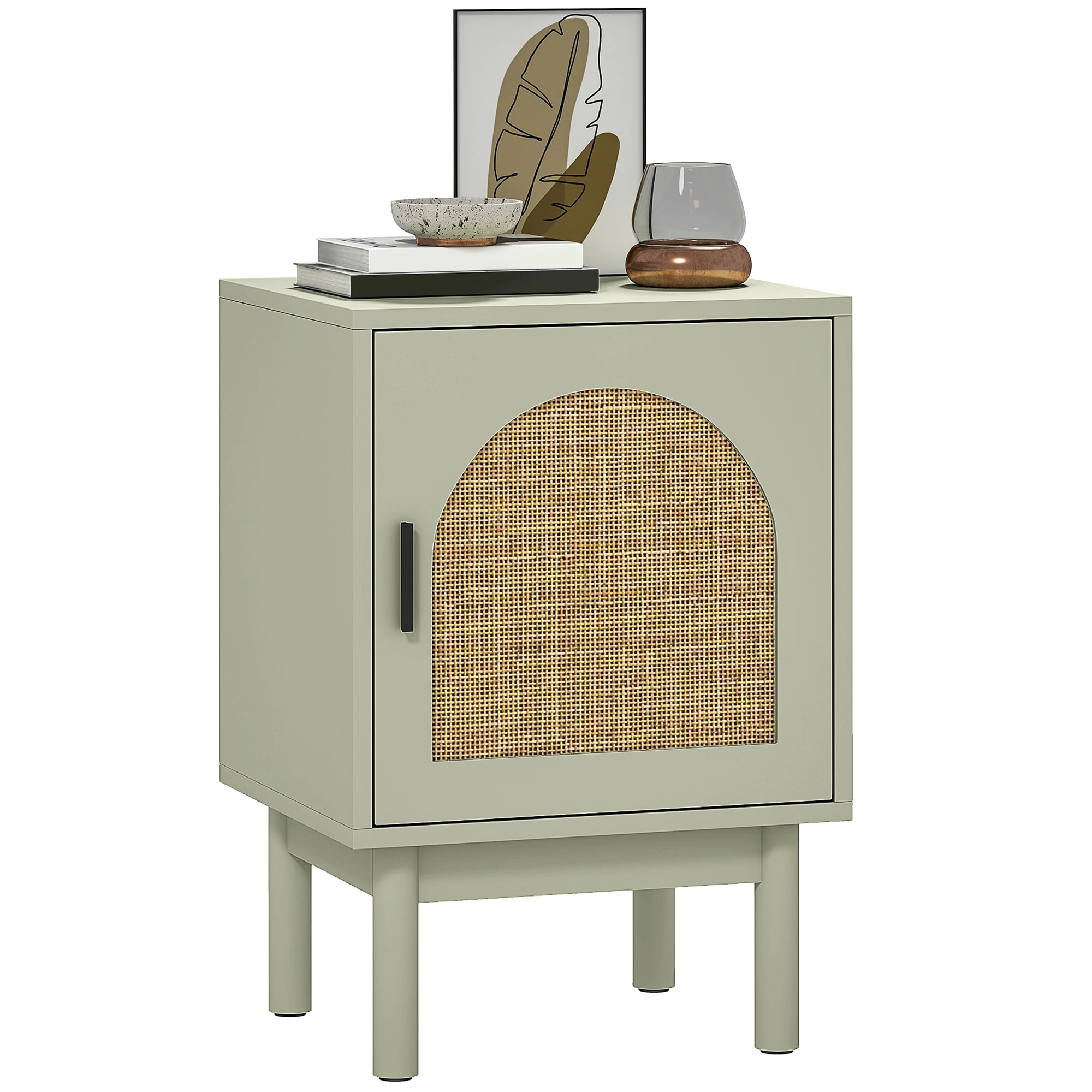 HOMCOM Mesita de Noche Mesilla de Noche con Puerta de Ratán Estante Ajustable y Patas de Madera Estilo Bohemio Mesa Auxiliar