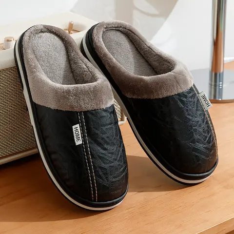 PU 가죽 큰 크기 남자 슬리퍼 실내 방수 모피 플랫 남자 겨울 홈 슬리퍼 코튼 침실 Houseshoes